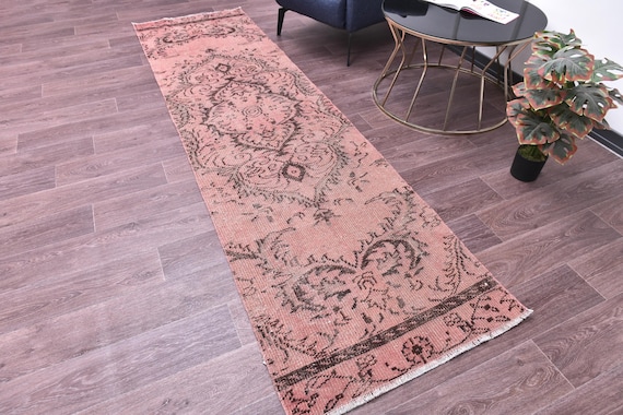 2x9 Vintage Pink Runner Rug, Handmade Wool Rug, 2x9 Pink Black Color, 2x9 Floral Hallway Rug 2x9 Kithcen Runner Rug, Farmhouse Style