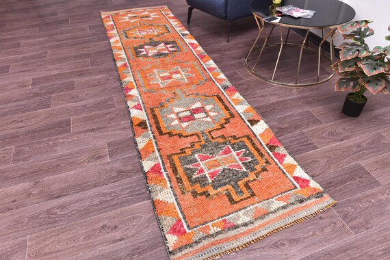 2x10 Hand Woven Vintage Runner Rug, Orange Gray Color, Geometric Pattern, Hallway Rug, Farmhouse Decor