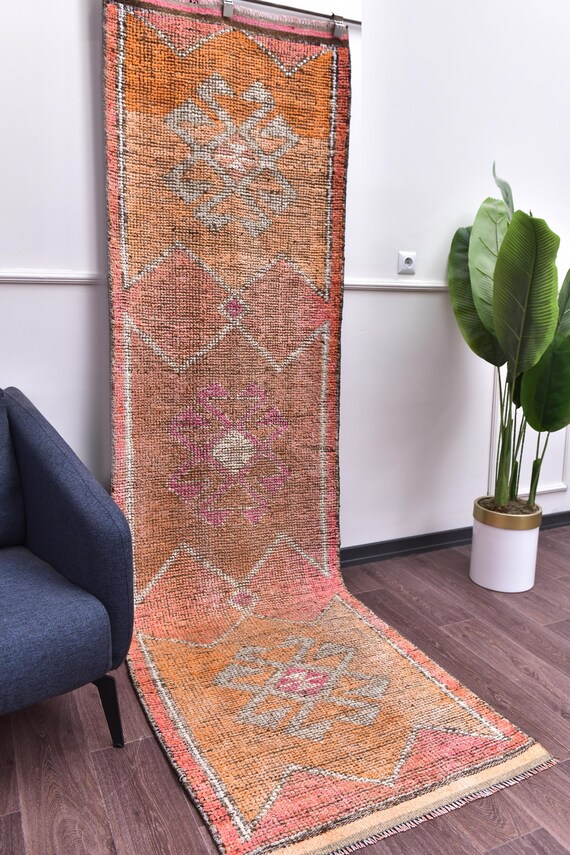 3x10 Vintage Handmade Runner Rug, Soft Wool Rug, Hallway Kitchen Runner Rug, Copper Cream Color