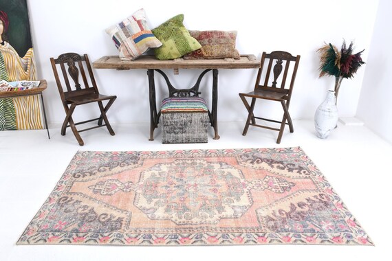 4x7 Area Rug, 4x7 Soft Vintage, 4x7 Soft Turkish Vintage Rug, Handmade Wool Rug, 4x7 Rug, Salmon & Red Vintage, Vintage Rug 4x7, Antique 55s