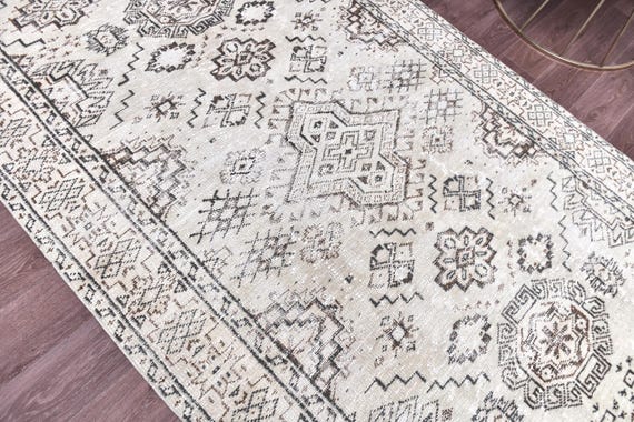 5x9 Vintage Faded Turkish Oushak Rug, Cream Gray Color, Handmade Wool, Living Room Bedroom Rug, Tribal Pattern
