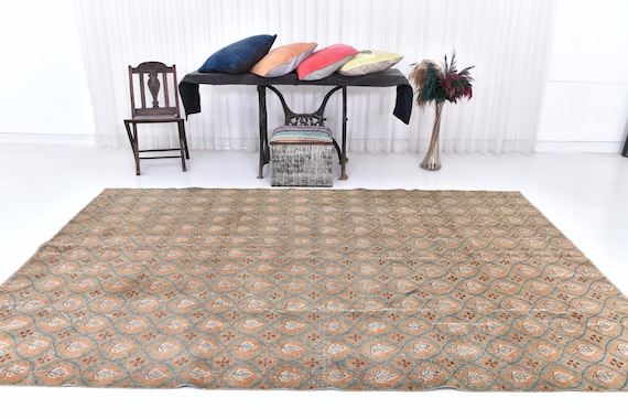 Antique Vintage Turkish Rug 7x10 Area Rug, 7x10, Orange & Brown Vintage Rug, Handmade Wool Oushak, 7x10 Oversize Vintage Rug, Anatolian Rug