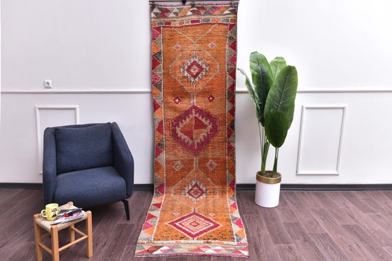 3x10 Vintage Traditional Runner Rug, Soft Wool Rug, Hallway Kitchen Runner Rug, Orange Red Cream Color