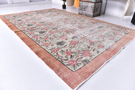 5x8 Vintage Turkish Faded Rug, 5x8 Faded Area Rug, Terracotta Red Color, 5x8 Handmade Wool Rug, Living Room Bedroom Rug, 5x8 Area Rug