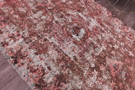 6x9 Vintage Distresset Overdyed Rug, Handmade Wool Rug, 6x9 Salmon Brown Color, Abstrach Patterned Rug, Farmhouse Rug, 6x9 Living Room Rug