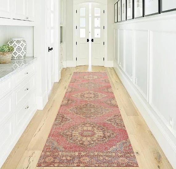 3x13 Vintage Runner Rug, 3x13 Turkish Runner Rug, Hallway Rug 3x13, Handmade Home Decor, Floral Runner Rug 3x13, Red Brown Green Runner Rug