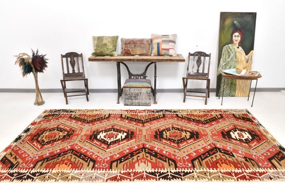 5x11 Runner Rug, 5x11 Long Wide Vintage Kilim Runner Rug, 5x11 Kilim Runner, Aesthetic Handmade Kilim, 5x11 Rug, Red Beige Carpet, Antique