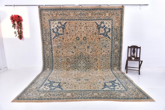 9x12 Peach & Navy Blue Unique Rug, Oversize Unique Rug Large Area Rug 9x12 Rugs Handmade Wool Rug, 9x12 Medallion Floral Area Rug.