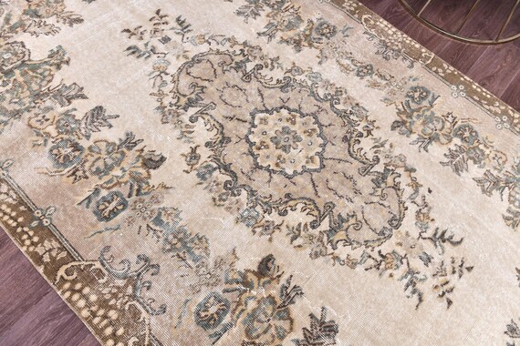 5x8 Turkish Faded Rug, Brown Beige Color, 5x8 Handmade Wool Rug, Living Room Bedroom Rug, 5x8 Antique Medallion Rug, 5x8 Oushak Rug, 5x8 Rug