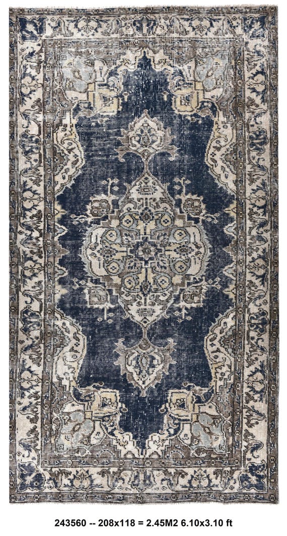 4x7 Antique Turkish Rug, Handmade Luxury Rug, 4x7 Area Rug, Navy Blue, Gold Colored Rug, 4x7 Wool Rug, Victorian Style Rug