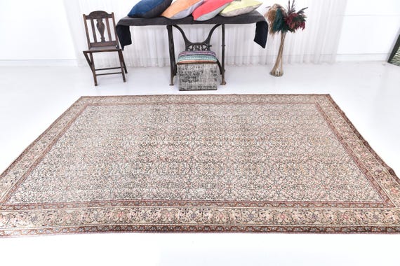 Antique Vintage Turkish Rug 6x10 Area Rug, 6x10 Extra Large 60's Rug, Handmade Oushak Rug, Floral Style Brown Beige, Country Farmhouse Decor