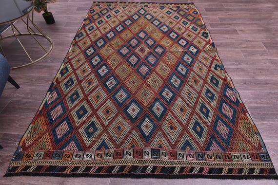 5x9 Vintage Kilim Rug, 6x9 Area Rug, Red Blue Color, 6x9 Handmade Wool Jute Rug, Village Farmhouse Rug, Tribal Turkish Rug, 5x9 Kilim Rug