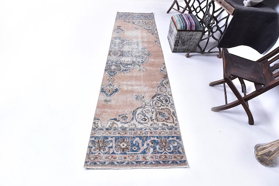 3x10 Rug, 3x10 Retro Turkish Runner Rug, 3x10, Aesthetic Handmade Wool Rug, 3x10 Runner Rug, Vintage Runner 3x10, Blue Brunt Carpet, Antique