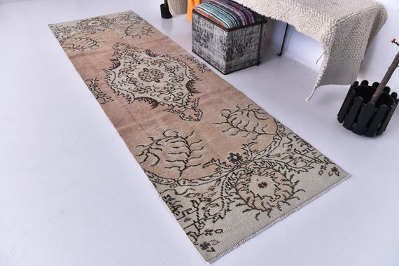 3x9 Vintage Turkish Peach Runner Rug, 3x9 Turkish Hallway Rug, Handmade Runner Rug, Vintage Home Decor, Peach Color Rug, 3x9 Hallway Runner