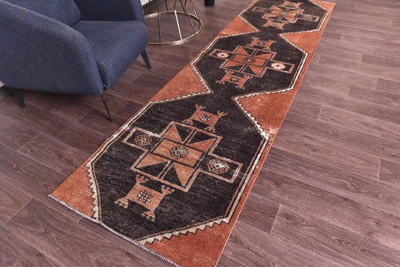 3x10 Vintage Turkish Runner Rug, Burgundy Black Color Rug, 3x10 Hallway Runner, 3x10 Handmade Wool Rug, Oriental Rug, 3x10 Geometric Rug