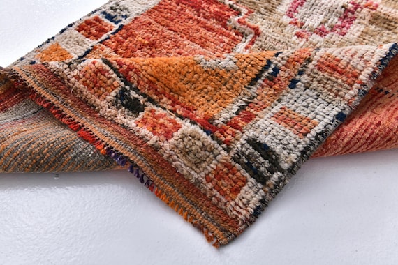 3x9 Antique Herki Runner Rug, 3x9 Hand Knotted Wool Runner, Geometric Design, 3x9 Orange Red Cream Vintage Hallway Rug, 3x9 Oriental Runner