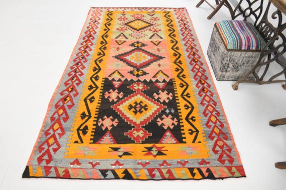 4x8 Area Rug, TURKİSH VİNTAGE KİLİM Rug 4x8, Vintage Style Kilim Rug 4x8, Handmade Wool Rug, 4x8 Rug, Orange and Green Rug, Living Room Rugs