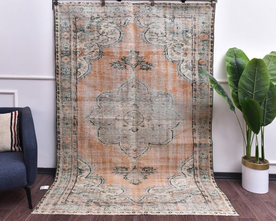 6x8 Vintage Handmade Turkish Distressed Living Room Rug, Copper Green Color, Outlet