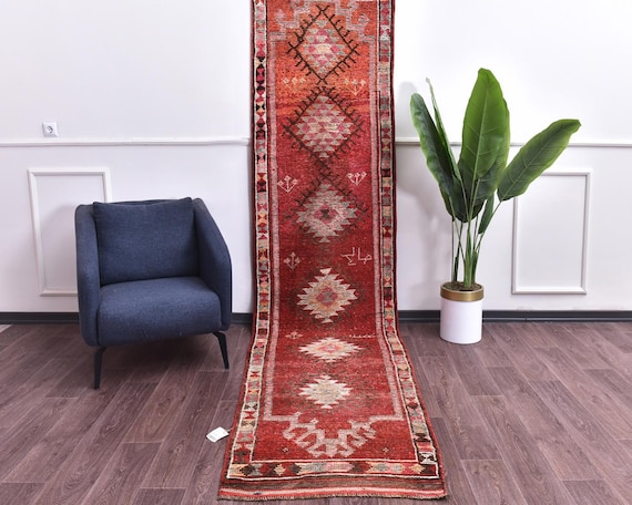 3x12 Vintage Handmade Burgundy Wool Runner Rug, Rug For Hallway Kithcen, Outlet
