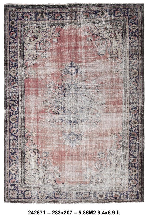 7x9 Medallion Navy Blue and Pink Vintage Rug, Medallion Area Rugs, Distressed Medallion Red Rug 7x9 , Antique Medallion Red Blue Rugs.