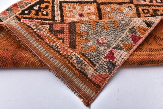 2x11 Brown Orange Vintage Runner Rug, 2x11 Vintage Runner, 2x11 Rug, Handmade Wool Herki, 2x11 Runner Rug, Mid Century Modern, Rug For Entry