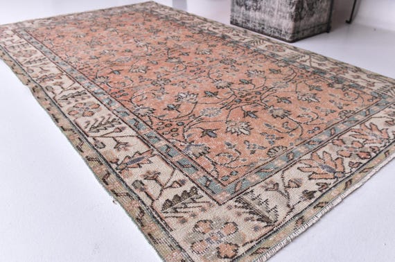 4x7 Vintage Accent Rug, Coral Pink Cream Color, 4x7 Distressed Floral Persian Style Rug,  Living Room Bedroom Decor, Botanical Design