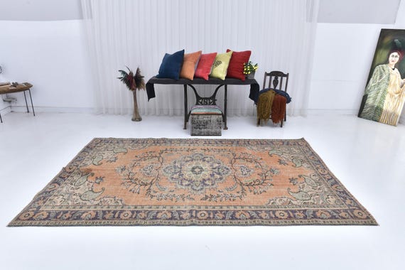 6x8 Orange and Blue Turkish Vintage Rug, 6x8 Vintage Rug, 6x10 Handmade Vintage Rug, 6x8 Area Rug, 6x8 Rug, 6x8 Farmhouse Turkish Kilim Rug