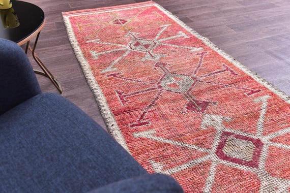 3x10 Vintage Peach Runnner Rug, 3x10 Handmade Wool, 3x10 Red Cream Color 3x10 Hallway Runner Rug, 3x10 Kithcen Runner Rug, Tribal Rug