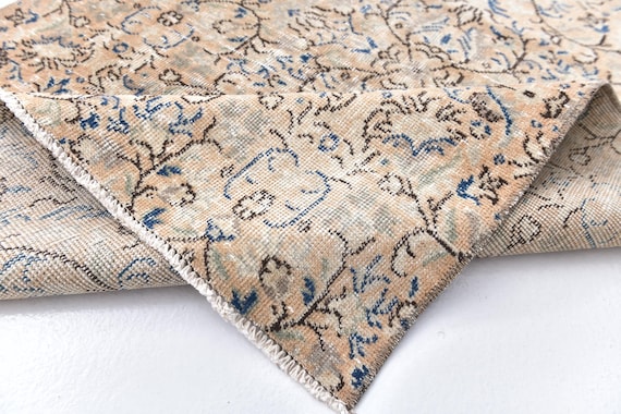 4x6 Vintage Floral Turkish Area Rug, 4x6 Hand Knotted Wool Rug, Floral Pattern Beige Blue Neutral Colors, Living Room Rug, Boho Home Decor