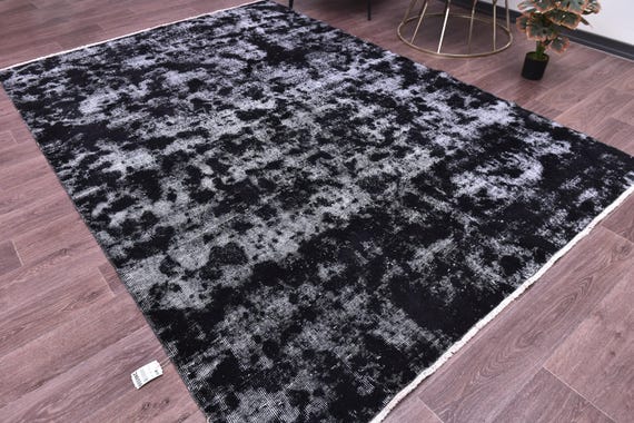 6x9 Vintage Distresset Area Rug, Handmade Wool Rug, 6x9 Black Gray Color, Abstrach Patterned Rug, Farmhouse Rug, 6x9 Living Room Rug