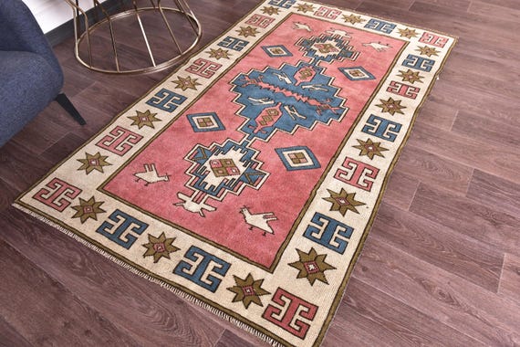 4x6 Vintage Turkish Small Rug, Coral Pink Blue Cream Color, 4x6 Medallion Style, Handmade Wool Rug, 4x6 Milas Rug, Oriental Rug 4x6 Rug