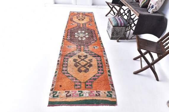 3x11 HERKI VINTAGE RUNNER Rug - 3x11 Vintage Runner - Aesthetic Handmade Rug - 3x11 Rugs - Shades Of Orange & Brown Rug - Rug For Kitchen