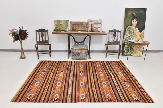 6x8 Area Rug, 6x8 Kilim Area Rug, 6x8 Red & Blue Stripe Kilim Rug, 6x8, Oushak Handwoven Kilim, 6x8 Vintage Rug, Rug For Farmhouse Kitchen