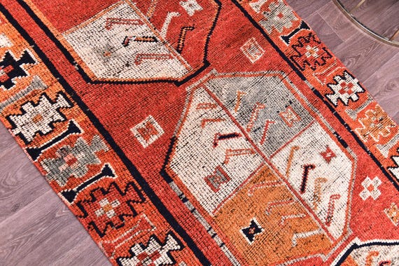 3x10 Vintage Handmade Red Runner Rug, Soft Wool Rug, Hallway Kitchen Runner Rug, Red Cream Color