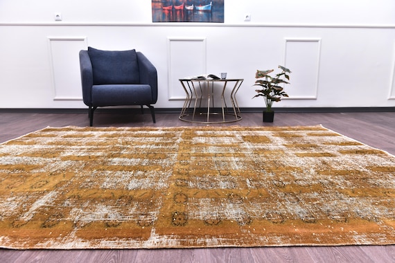 6x9 Vintage Overdyed Rug, Handmade Wool Rug, 6x9  Living Room Bedroom Rug, Golden Mustard Brown Color, 6x9 Area Rug,