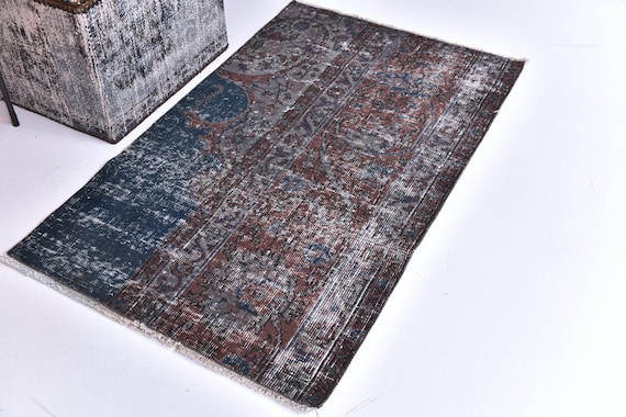 2x3 Vintage Doormat Rug, 2x3 Antique Rug, Handmade Wool Rug, 2x3 Blue Burgundy Carpet, 2x3 Vintage Rug, Faded Doormat Rug