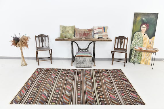 5x8 Kilim Rug, 5x8 Green Brown Striped Kilim Rug, 5x8 Rugs, Aesthetic Hand Woven Wool Rug, Mid Century Modern, Kilim Rug 5x8, Bohodecor