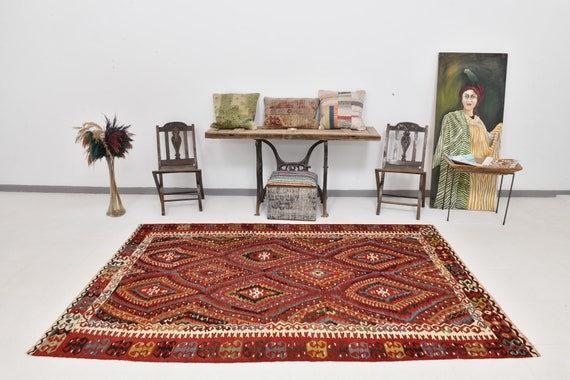 5x9 Dark Red & Blue Kilim Rug, 5x9 Kilim Area Rug, 5x9, Vintage Handmade Kilim, 5x9 Rugs, 5x9 Turkish Rug, Ethic Eclectic Style, Antique 55s
