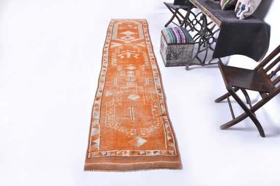 3x12 Pumpink Orange Turkish Runner Rug, 3x12 Turkish Runner, Long Handmade Wool Rug, 3x12 Rugs, Turkish Runner 3x12, Rug For Hallway Foyer