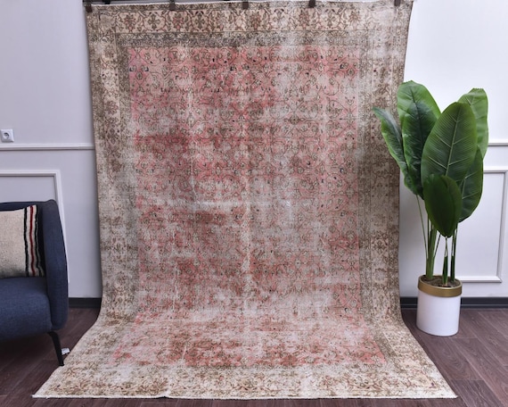 6x9 Vintage Faded Handmade Wool Turkish Rug, Muted Salmon Brown Color