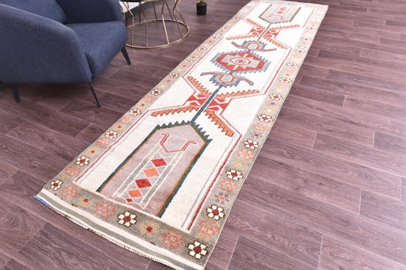 3x11 Vintage Oushak Runner Rug, Ivory Red Gray Color, Handmade Wool Rug, 3x11 Hallway Kithcen Rug, Soft Wool Rug 3x11 Traditional Runner Rug