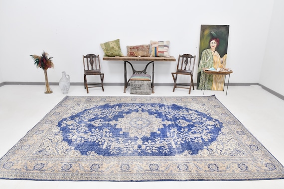 8x11 Soft Pastel Turkish Vintage Rug, 8x11, Oversize Vintage Rug, 8x11 Rugs, Wool Handmade Turkey, Large Area Rug, Blue Beige Rug, Antique