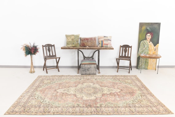 6x9 Vintage Rug, 6x9 Oriental Vintage Turkish Rug, 6x9, Classic Handmade Oushak, 6x9 Rug, 6x9 Turkish Rug, Cream & Gray Vintage Rug, Antique