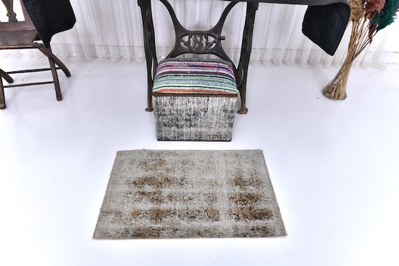 2x3 Faded Accent Rug, Brown Tones Rug, Washable Rug, 2x3 Accent Rug, Doormat Rug, 2x3 Bath Mat, Turkish Wool Rug, Distressed Doormat Rug