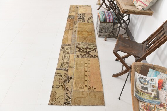 2x11 Runner Rug, 2x11 PATCHWORK VINTAGE RUNNER Rug, 2x11 Vintage Runner, Wool Handmade Oushak, 2x11 Rugs, Tan Beige & Brown Rug, Antique 57s
