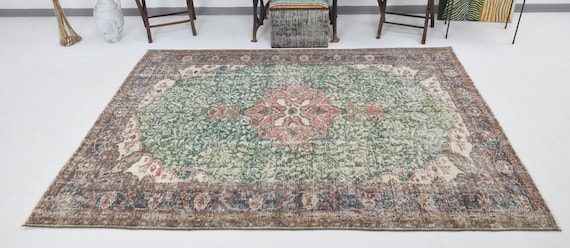 5x8 Sage Green Faded Vintage Area Rug, 5x8 Medallion Style Rug, 5x8 Distressed Area Rug, 5x8 Rug, Handmade Oriental Living Room Rug, 5x8 Rug