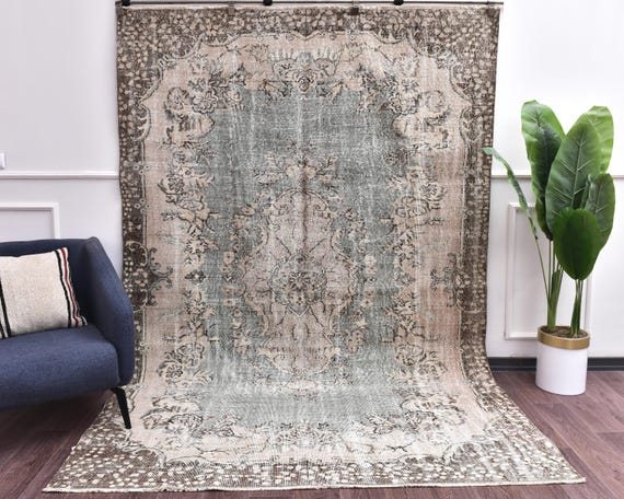 6x10 Faded Vintage Handmade Oriental Medallion Area Rug, Blue Brown Color