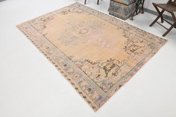 6x8 Turkish Vintage Oushak Rug, Handmade Wool Rug, 6x8 Area Rug, Turkey, Turkish Rug, Shades Of Beige, Faded Vintage Rug, 5.10x8.6