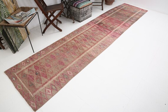 Handmade Wool Herki Runner Rug: 3x13 Red & Pink Hallway Carpet