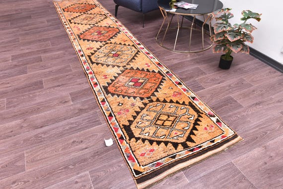 2x13 Vintage Soft Hallway Runner Rug, Copper Peach Black Color, Handmade Wool Rug, Tribal Design